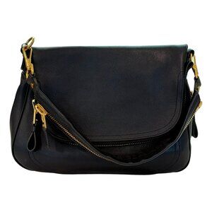Retired  Tom Ford Jennifer Large Double Zip Shoulder Bag Black Grained Leather